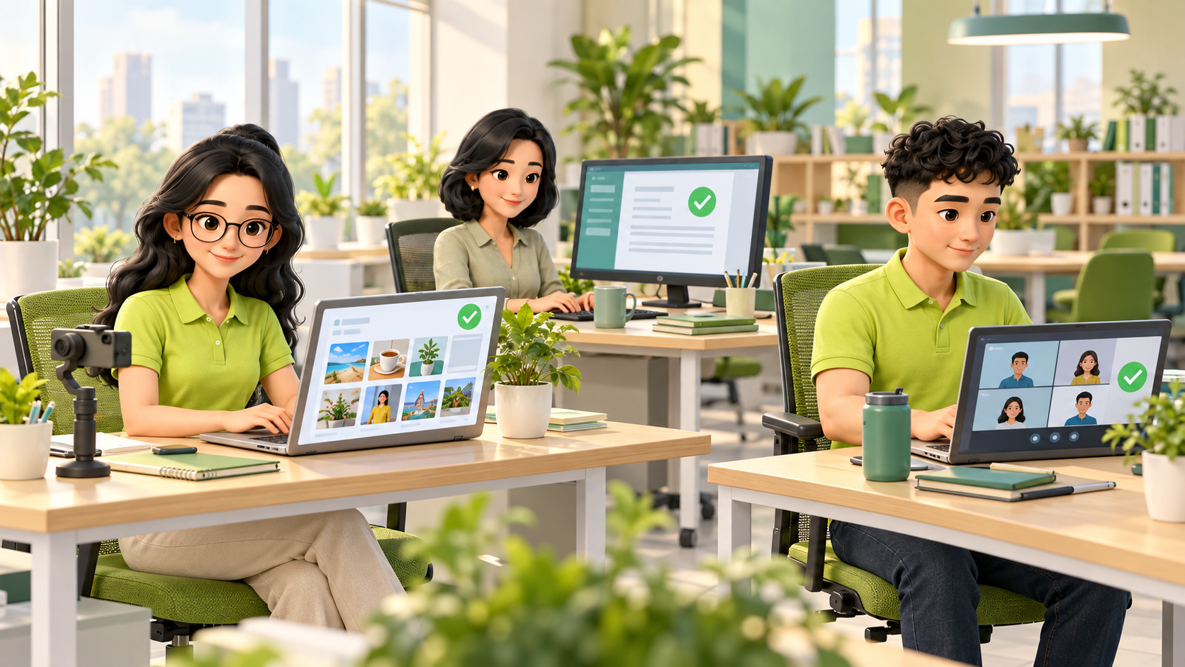Hình minh họa nhân viên Marketing, nghiệp vụ và kỹ thuật sử dụng ứng dụng phục vụ công việc.